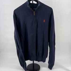 Polo Ralph Lauren Mens XL Navy Blue Pima Cotton 1/4 Zip Sweater Orange Pony Logo